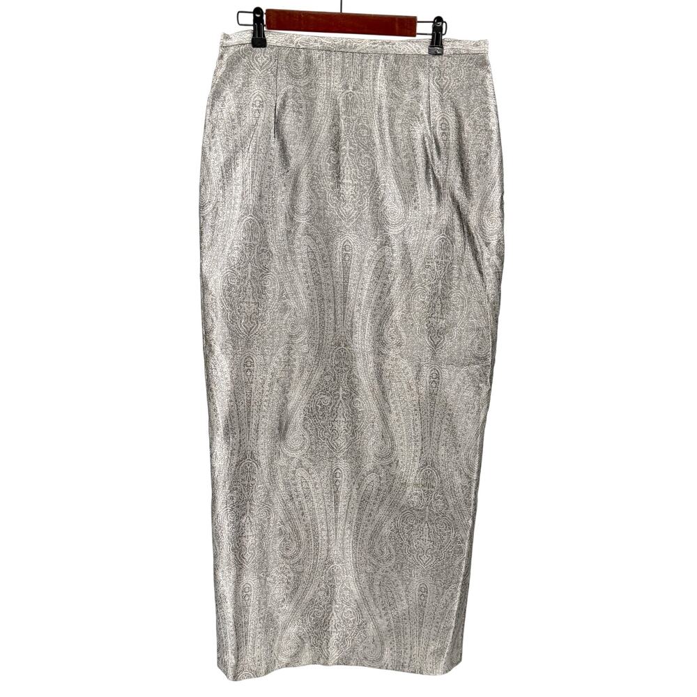 Vintage 90s Kay Unger Silver 100% Silk Paisley Back Slit Maxi Pencil Skirt